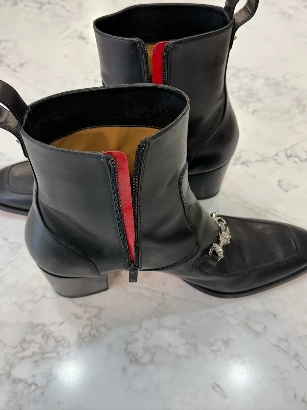 Christian Louboutin Black Leather Ankle Boot with Red Insole Trim